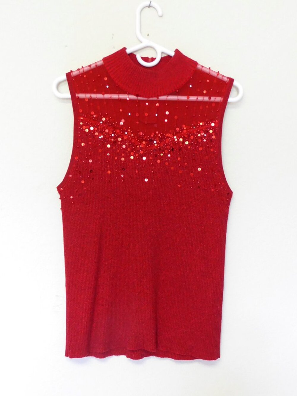 Lauren Michelle metallic red sequin pearl rhinestone mock turtleneck sweater XL
